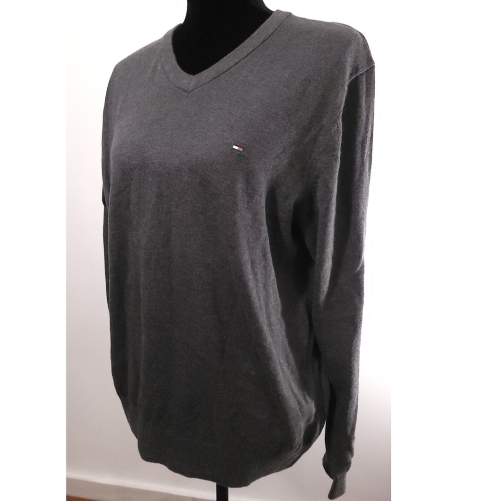Tommy Hilfiger 100% Cotton Dark Charcoal Gray Crew Neck Sweater Sz Large